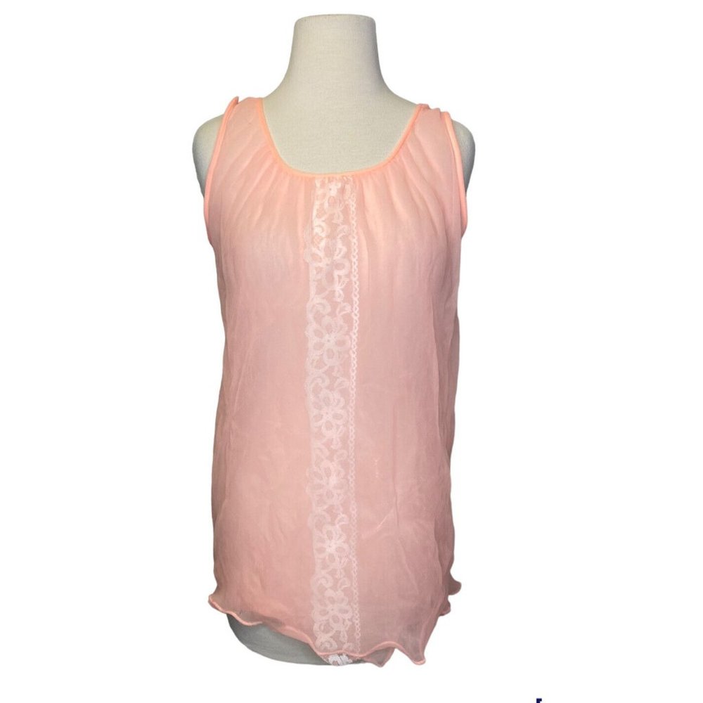 50s 60s Babydoll Top Sheer‎ Pink Peach Chiffon Lingerie Medium Large Lace